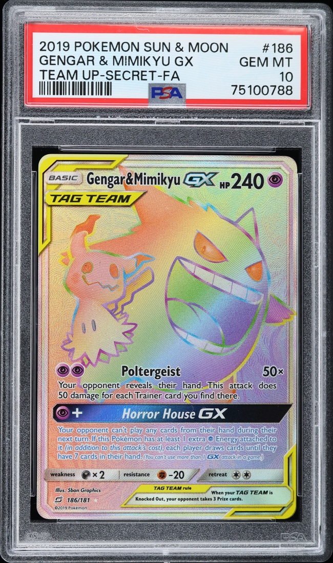 2019 Pokemon Sun & Moon Team Up Rainbow Rare Gengar & Mimikyu GX #186 PSA 10 GEM MINT