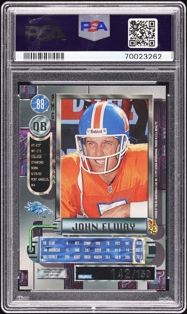 1997 Metal Universe Precious Metal Gems PMG Red John Elway /150 #88 PSA 7 NRMT