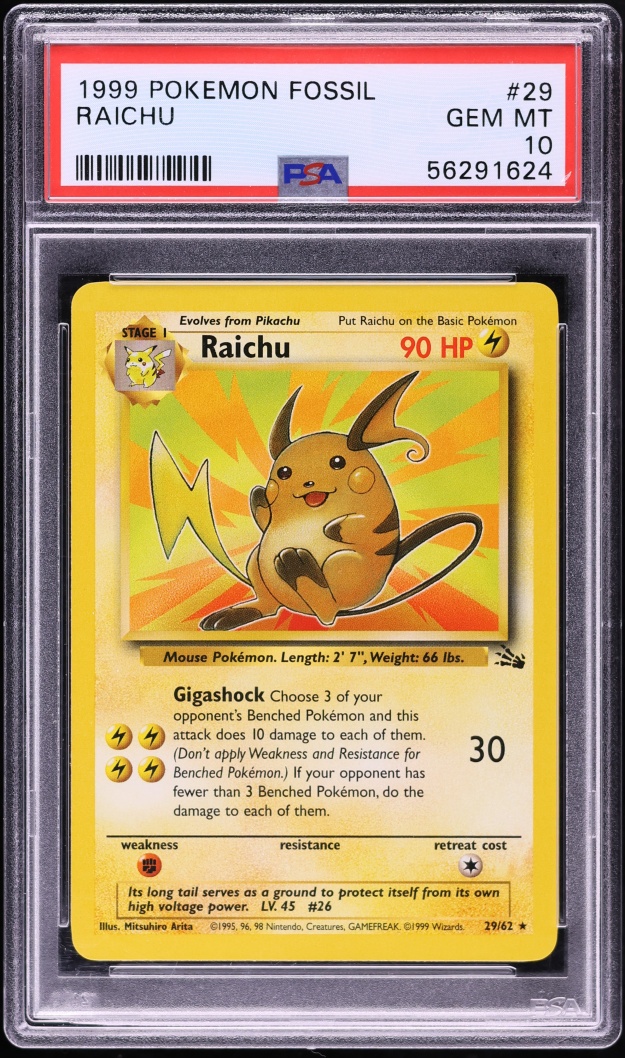 1999 Pokemon Fossil Raichu #29 PSA 10 GEM MINT