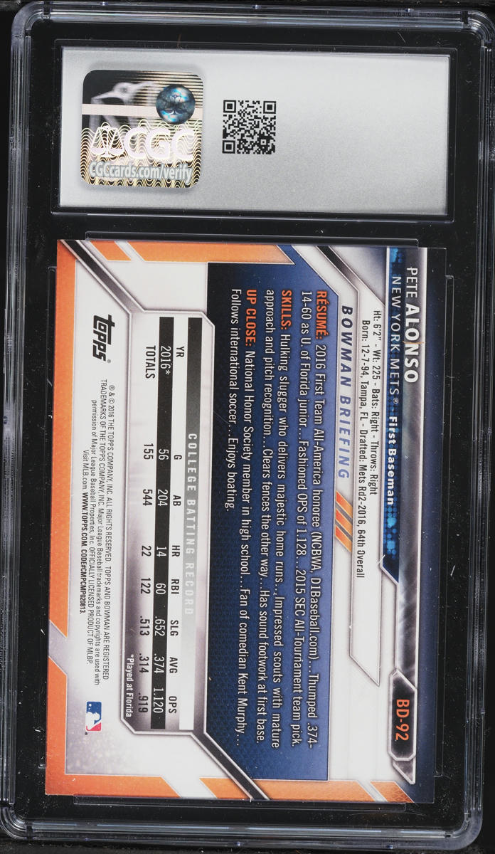 2016 Bowman Draft Pete Alonso PROSPECT #BD-92 CGC 9.5 MINT+