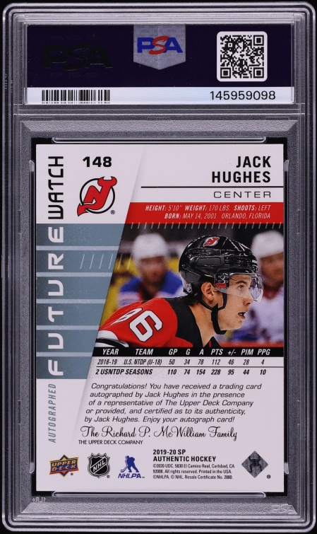 2019 SP Authentic Jack Hughes ROOKIE AUTO /999 #148 PSA 9 MINT