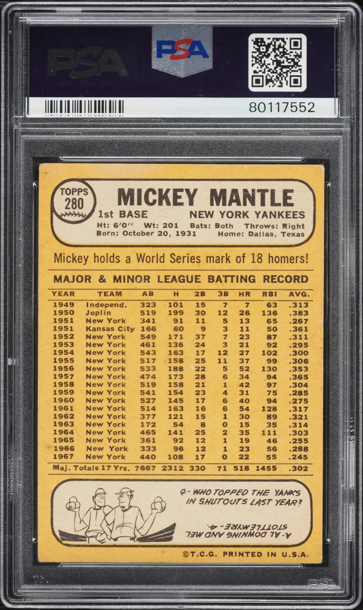 1968 Topps Mickey Mantle #280 PSA 3 VG