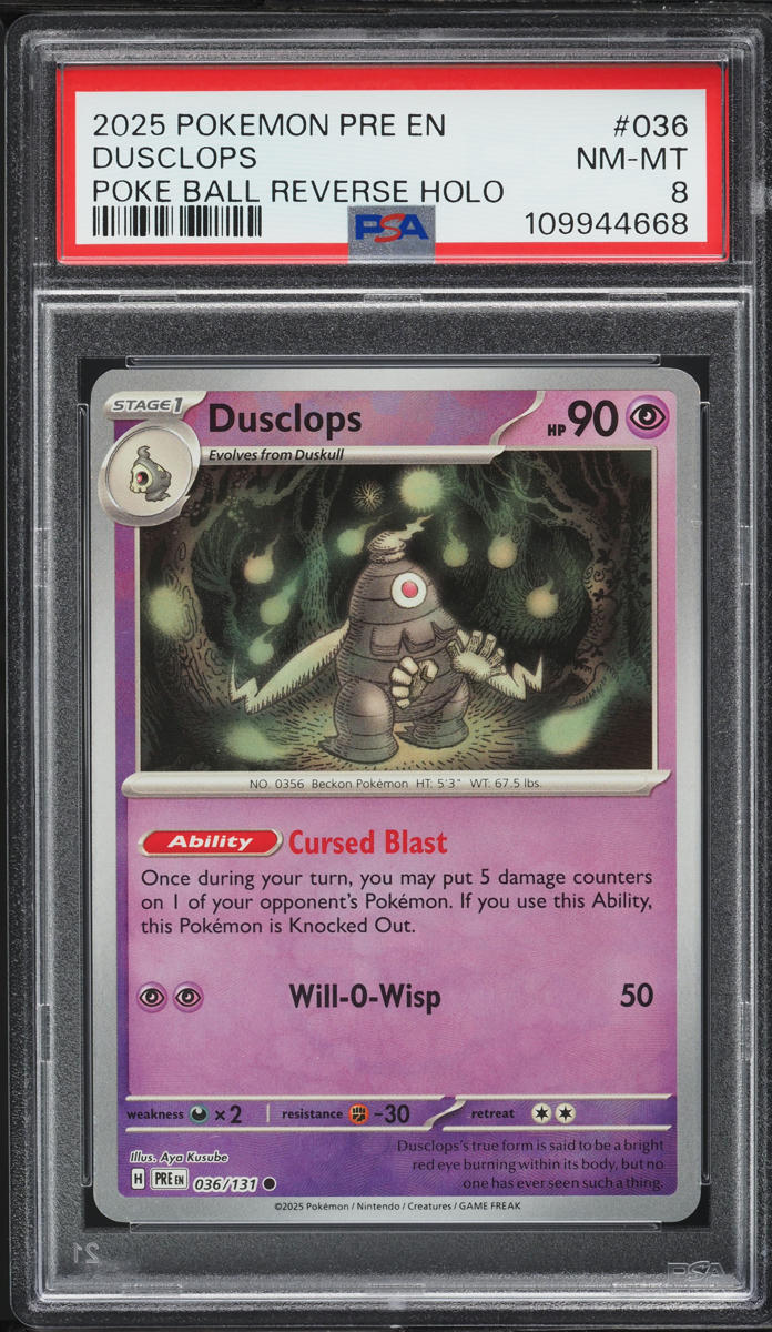 2025 Pokemon SV Prismatic Evolutions Poke Ball Holo Dusclops #36 PSA 8 NM-MT