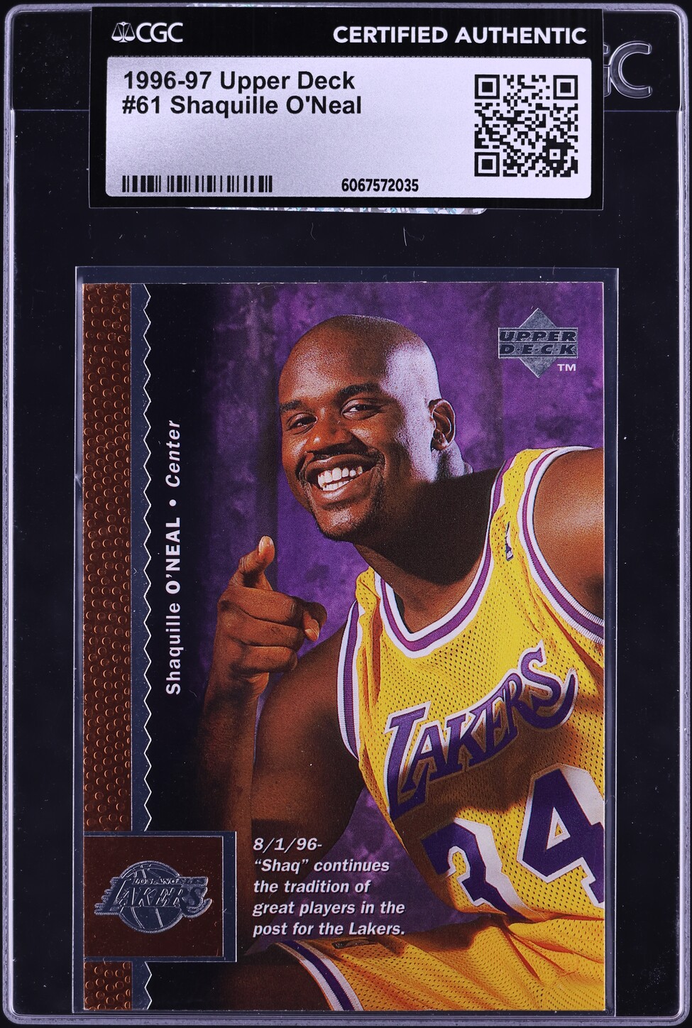 1996 Upper Deck Basketball Shaquille O'Neal #61 CGC AUTH
