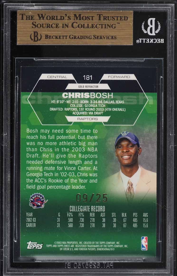 2002 Finest Gold Refractor Chris Bosh ROOKIE /25 #181 BGS 9.5 GEM MINT