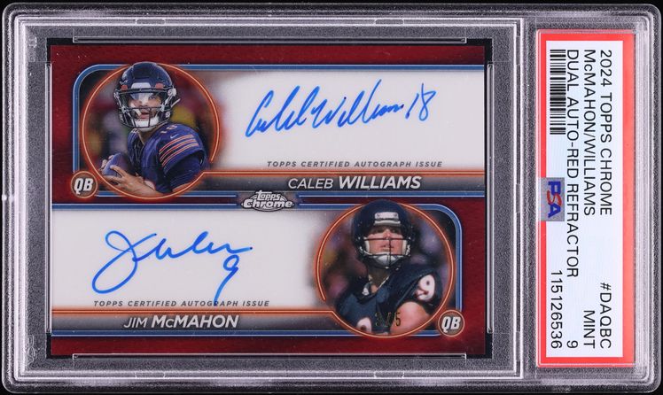 2024 Topps Chrome Dual Red Refractor Caleb Williams Jim McMahon ROOKIE AUTO /5 #DA-QBC PSA 9