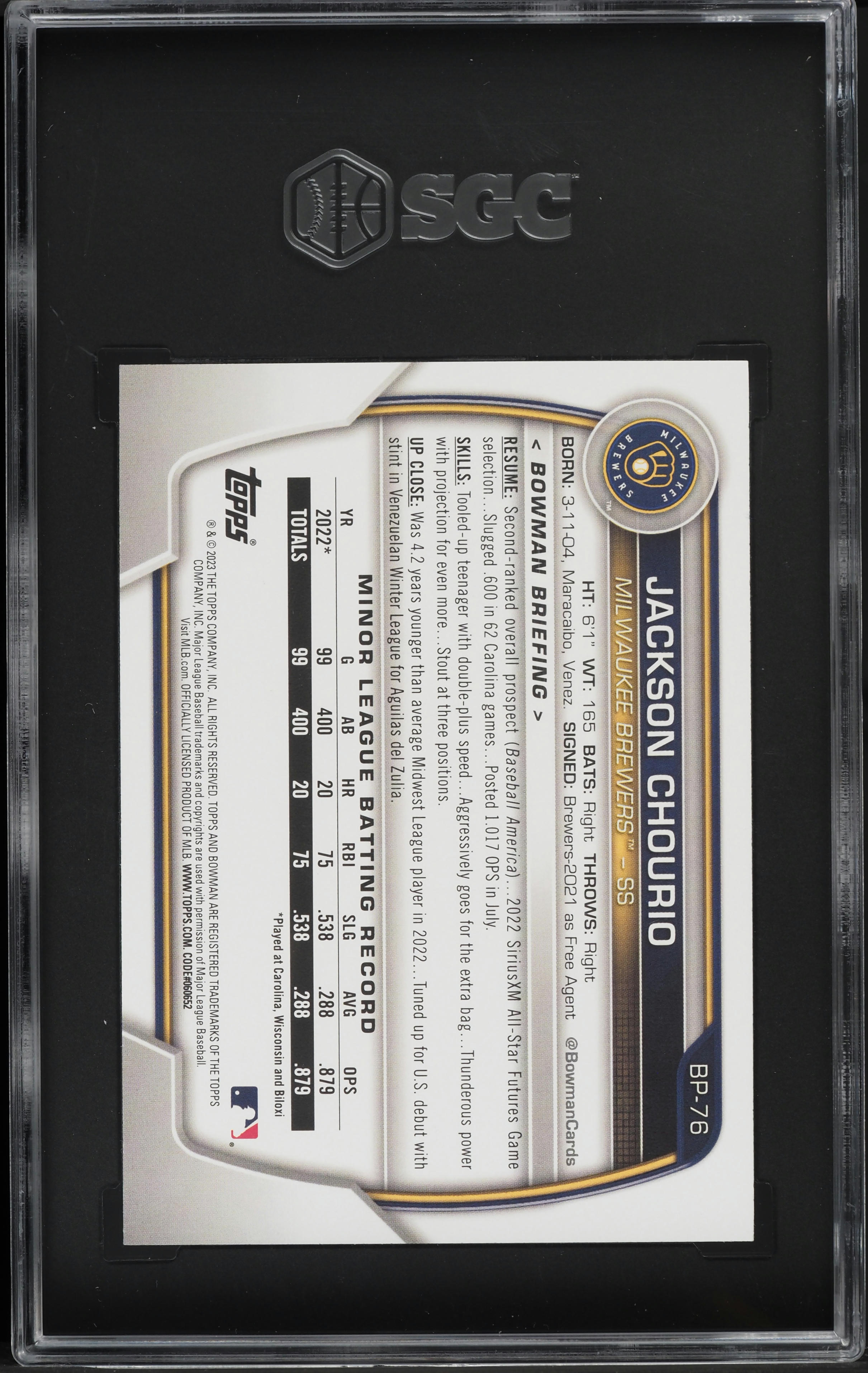 2023 Bowman Jackson Chourio PROSPECT #BP-76 SGC 10 GEM MINT