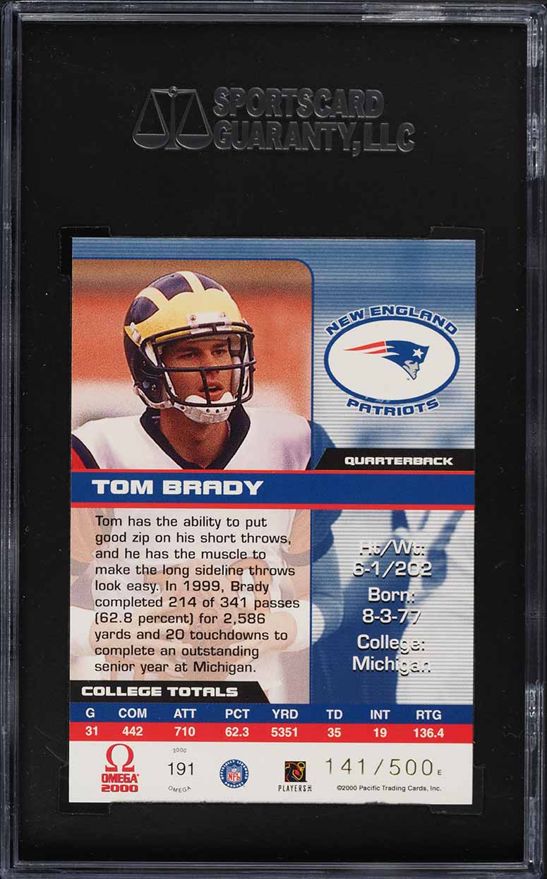 2000 Pacific Omega Tom Brady ROOKIE /500 #191 SGC 10 GEM MINT