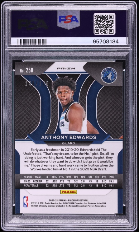 2020 Panini Prizm Fast Break Blue Anthony Edwards ROOKIE /175 #258 PSA 9 MINT