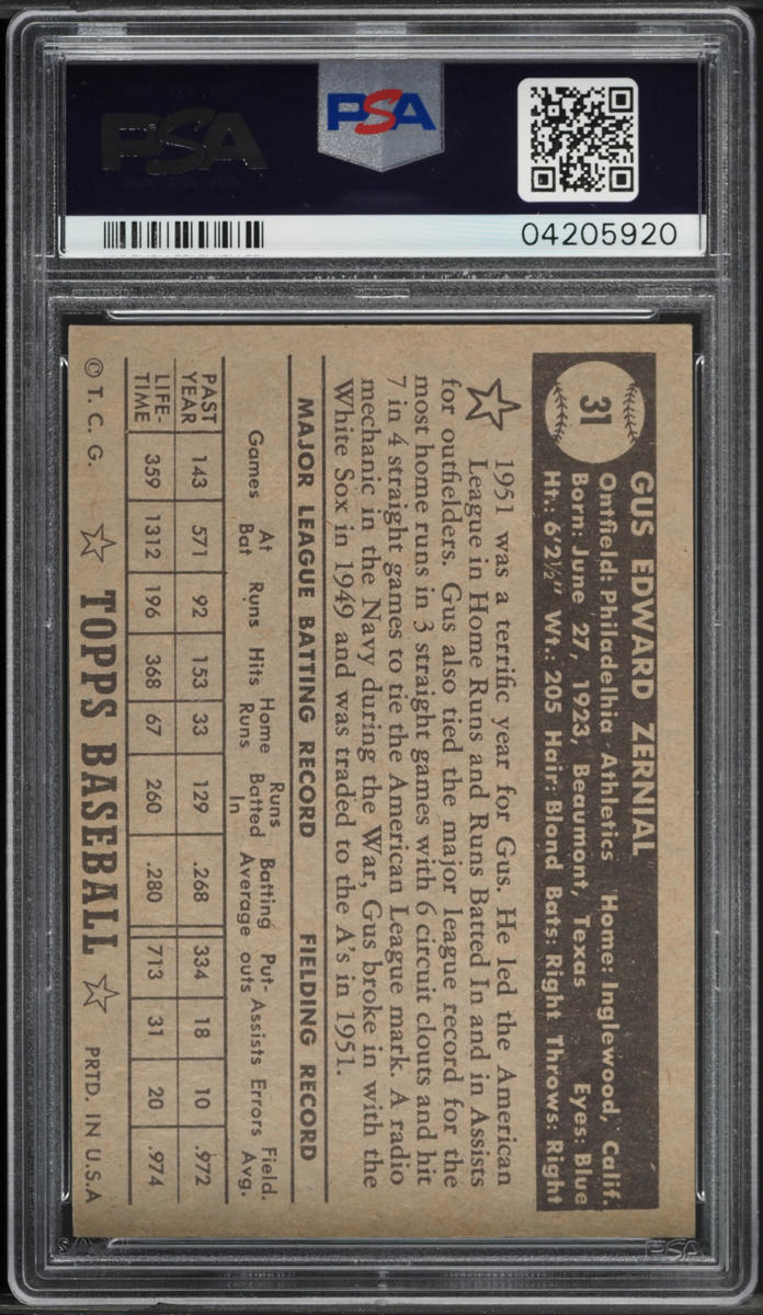 1952 Topps Gus Zernial BLACK BACK #31 PSA 7 NRMT