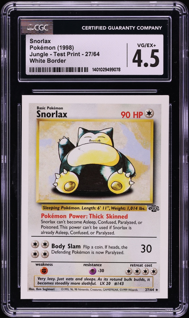 1998 Pokemon Jungle Test Print White Border Snorlax #27 CGC 4.5 VGEX+