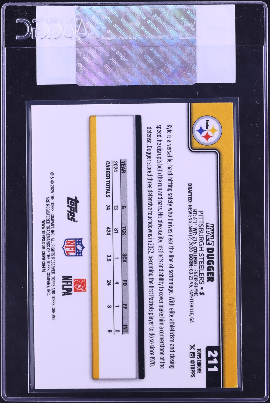 2025 Topps Chrome Team Camo Variation Kyle Dugger #211 CGC AUTH