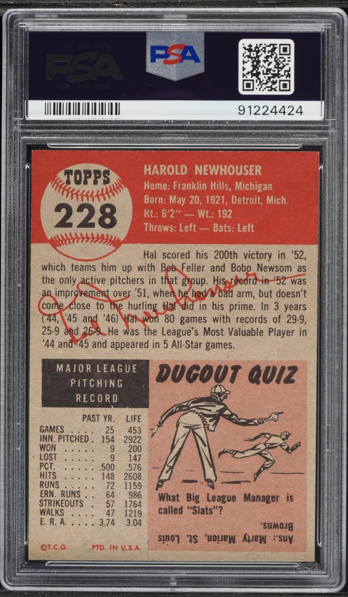 1953 Topps Hal Newhouser SHORT PRINT #228 PSA 4 VGEX