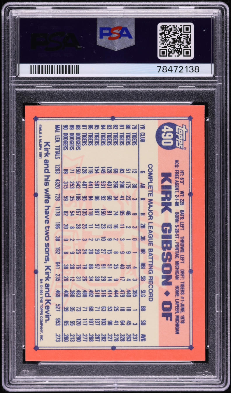 1991 Topps Tiffany Kirk Gibson #490 PSA 9 MINT