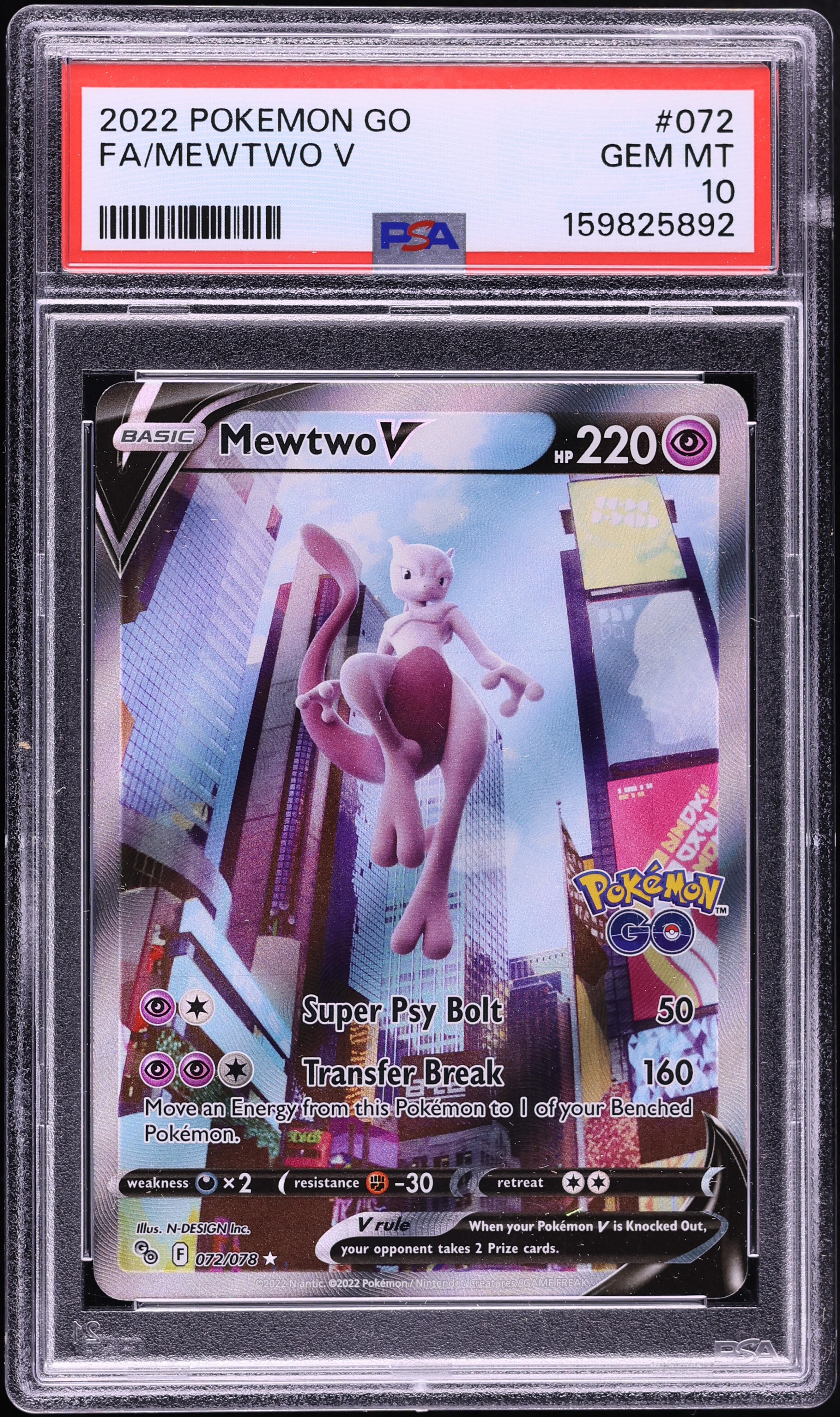 2022 Pokemon Sword & Shield Pokemon GO Full Art Mewtwo V #72 PSA 10 GEM MINT