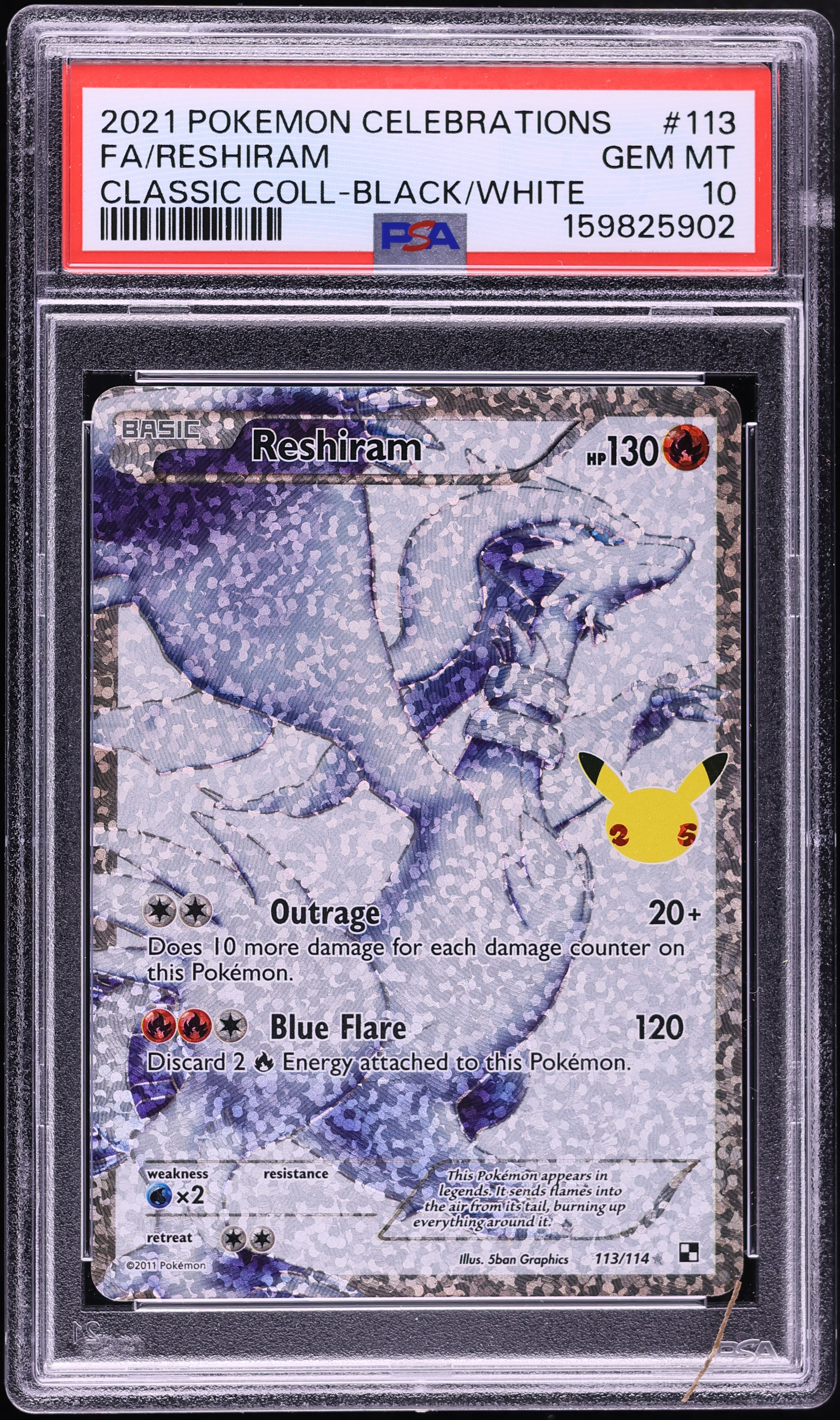 2021 Pokemon SWSH Celebrations Classic Collection Full Art Reshiram #113 PSA 10 GEM MINT