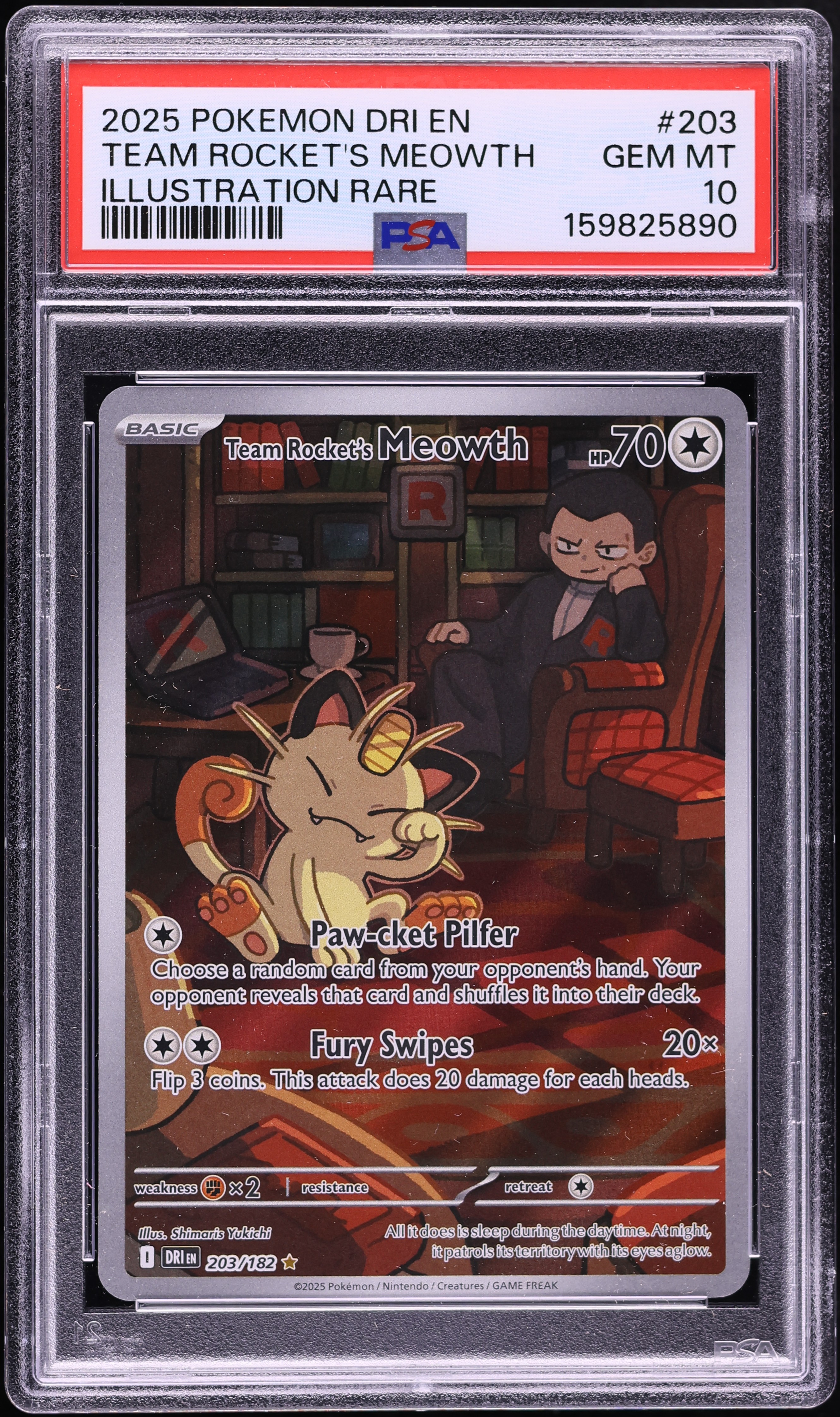 2025 Pokemon Scarlet & Violet Destined Rivals IR Team Rocket's Meowth #203 PSA 10 GEM MINT