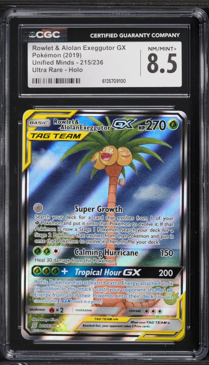 2019 Pokemon Sun & Moon Unified Minds Alt Art Rowlet & Alolan Exeggutor GX #215 CGC 8.5 NM-MT+