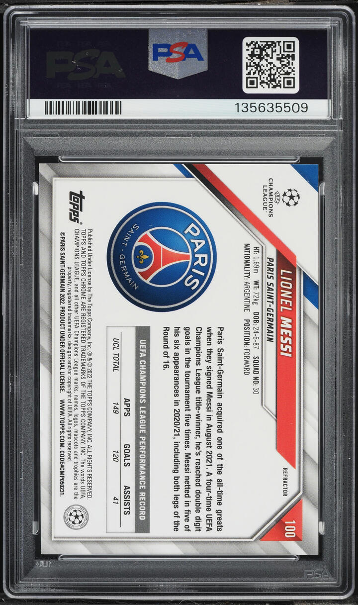 2021 Topps Chrome UEFA Champions League Refractor Lionel Messi #100 PSA 10 GEM MINT