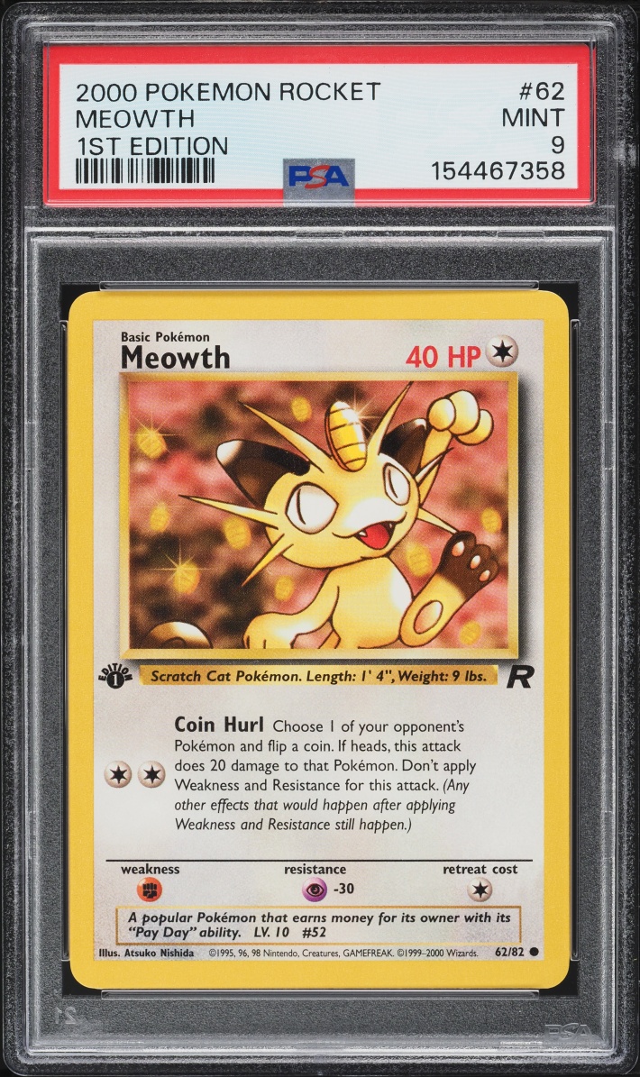 2000 Pokemon Team Rocket 1st Edition Meowth #62 PSA 9 MINT