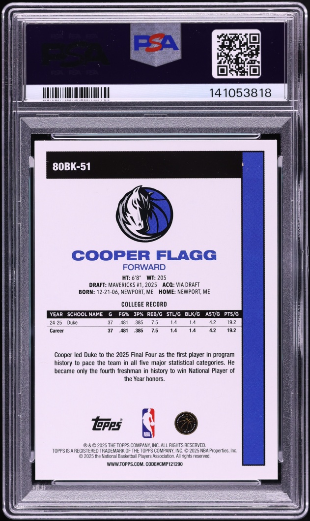 2025 Topps '80 Cooper Flagg ROOKIE #80BK-51 PSA 8 NM-MT
