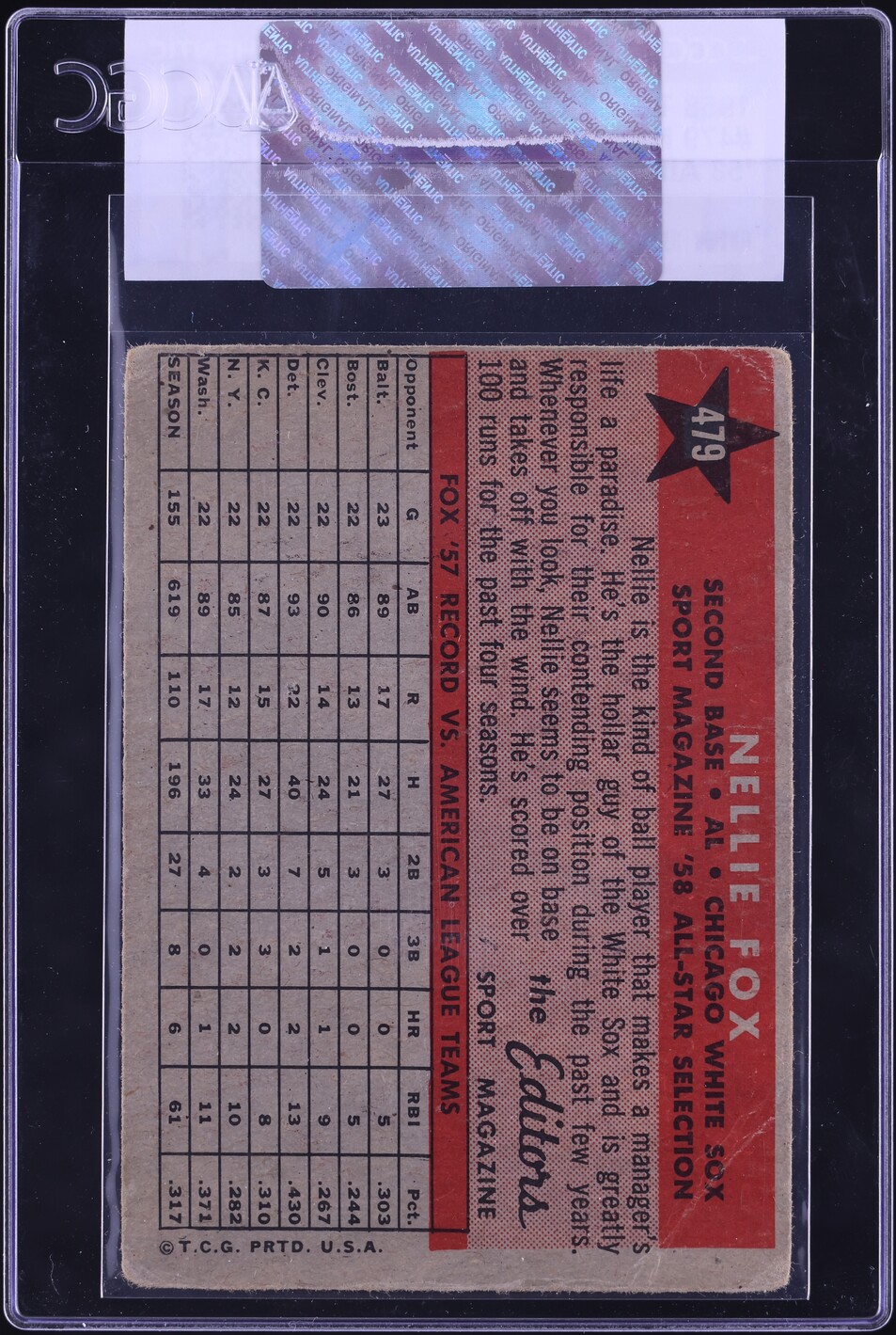 1958 Topps Nellie Fox '58 ALL-STAR #479 CGC AUTH