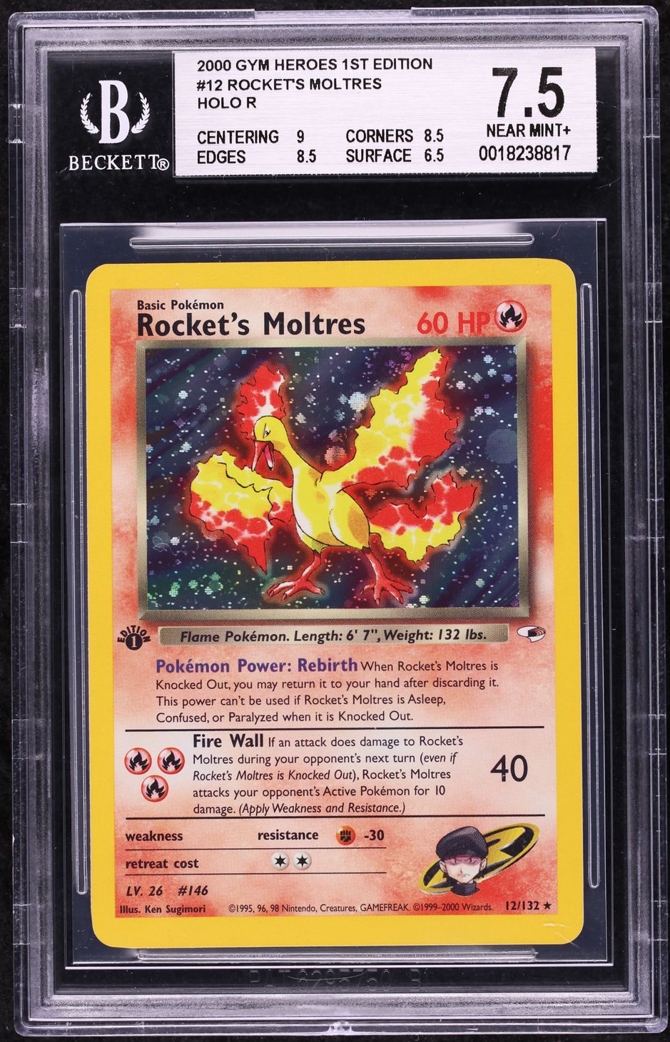 2000 Pokemon Gym Heroes 1st Edition Holo Rocket's Moltres #12 BGS 7.5 NRMT+