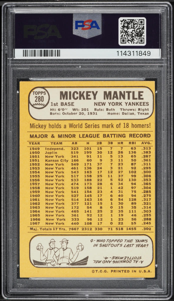 1968 Topps Mickey Mantle #280 PSA 6 EXMT