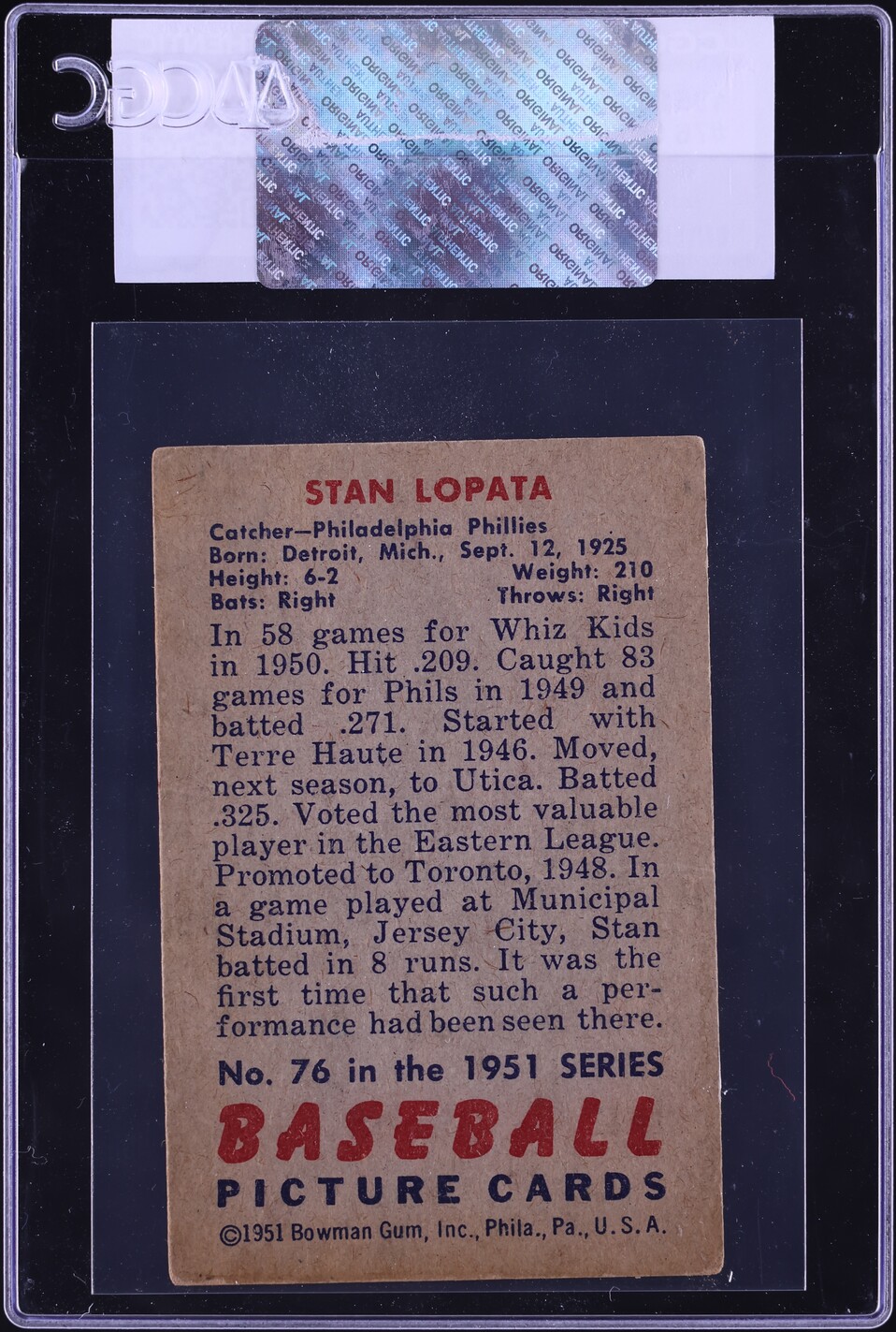 1951 Bowman Stan Lopata #76 CGC AUTH