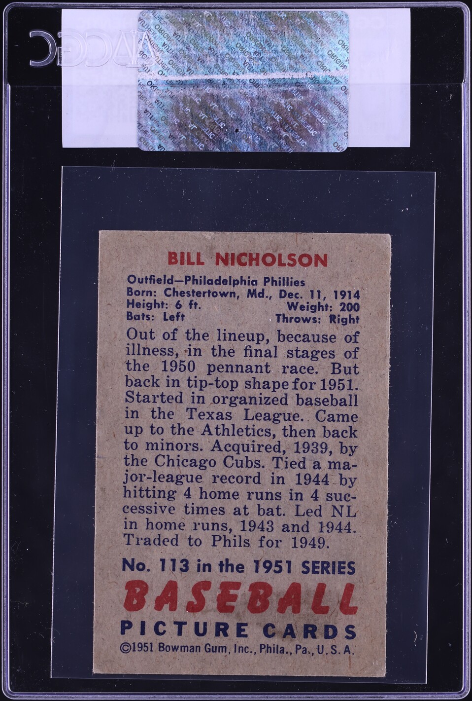 1951 Bowman Bill Nicholson #113 CGC AUTH