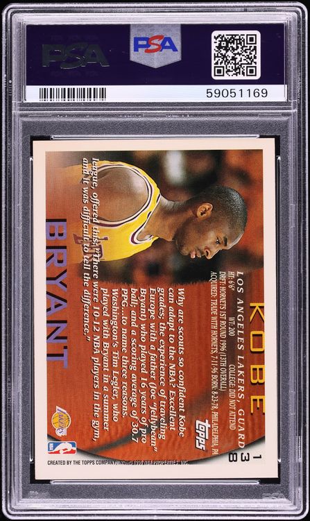 1996 Topps Basketball Kobe Bryant ROOKIE #138 PSA 9 MINT