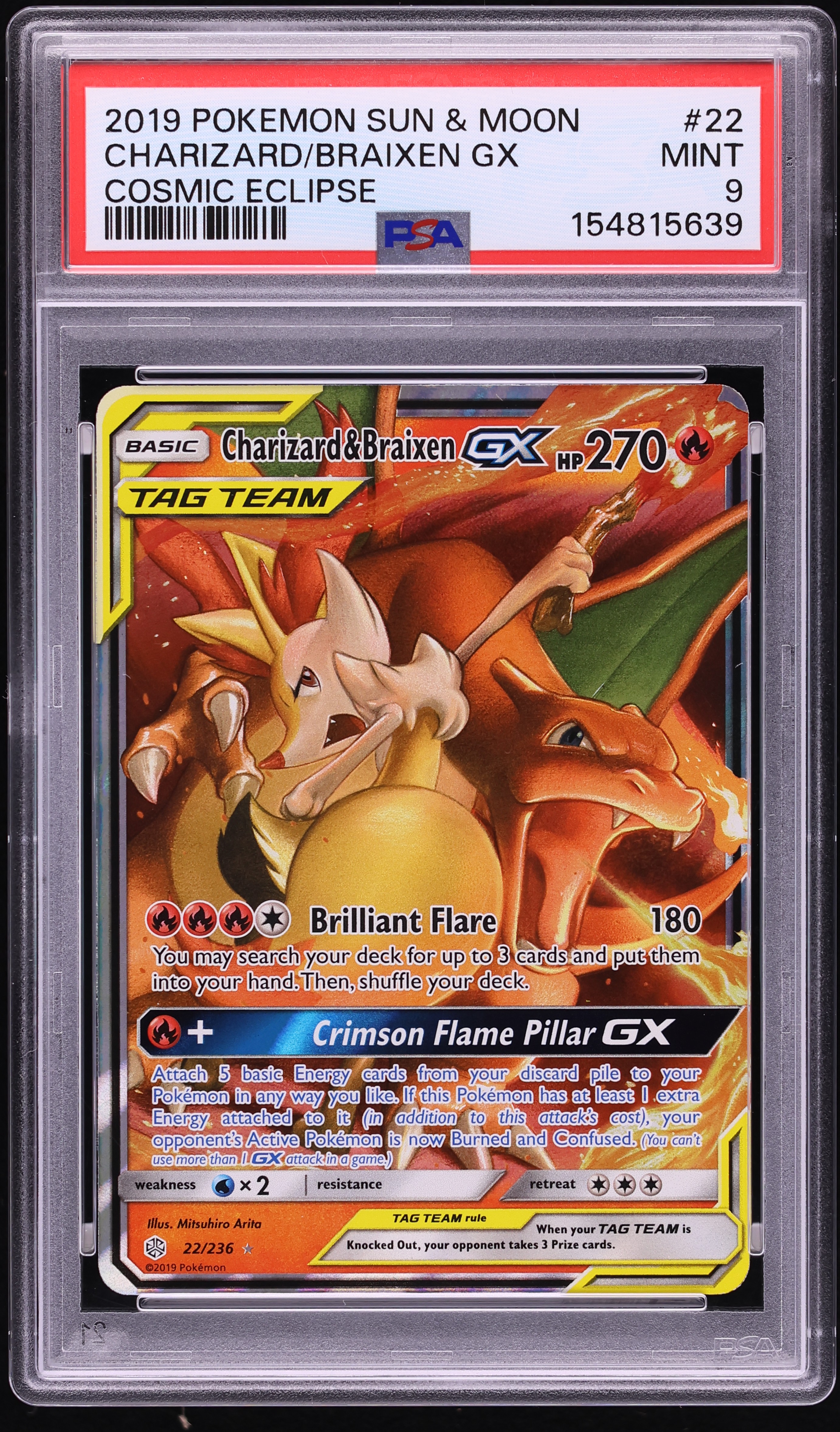2019 Pokemon Sun & Moon Cosmic Eclipse Holo Charizard & Braixen GX #22 PSA 9 MINT