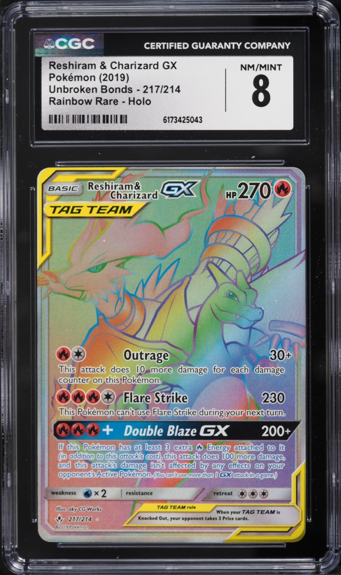 2019 Pokemon Sun & Moon Unbroken Bonds Rainbow Rare Reshiram & Charizard GX #217 CGC 8 NM-MT