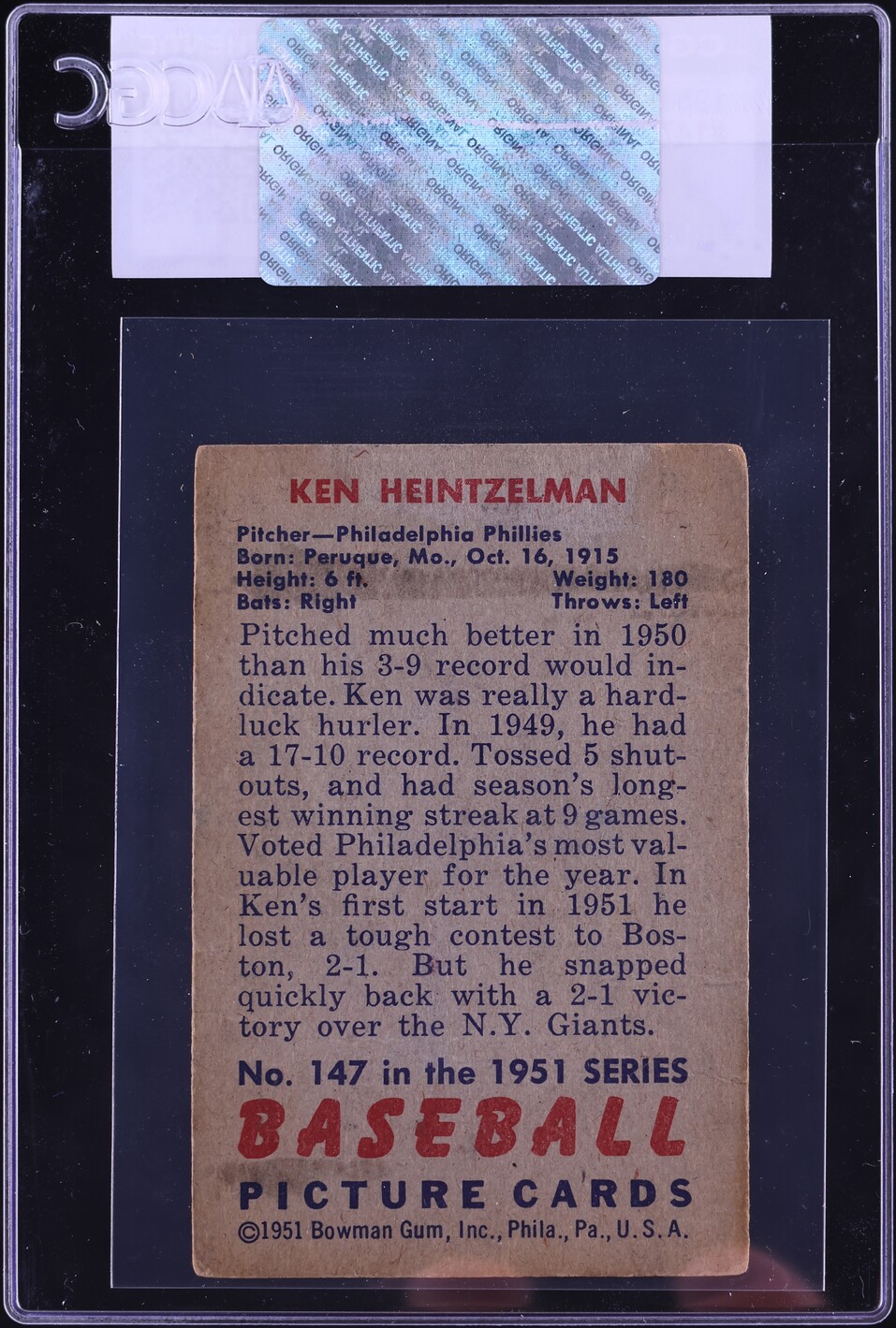 1951 Bowman Ken Heintzelman #147 CGC AUTH