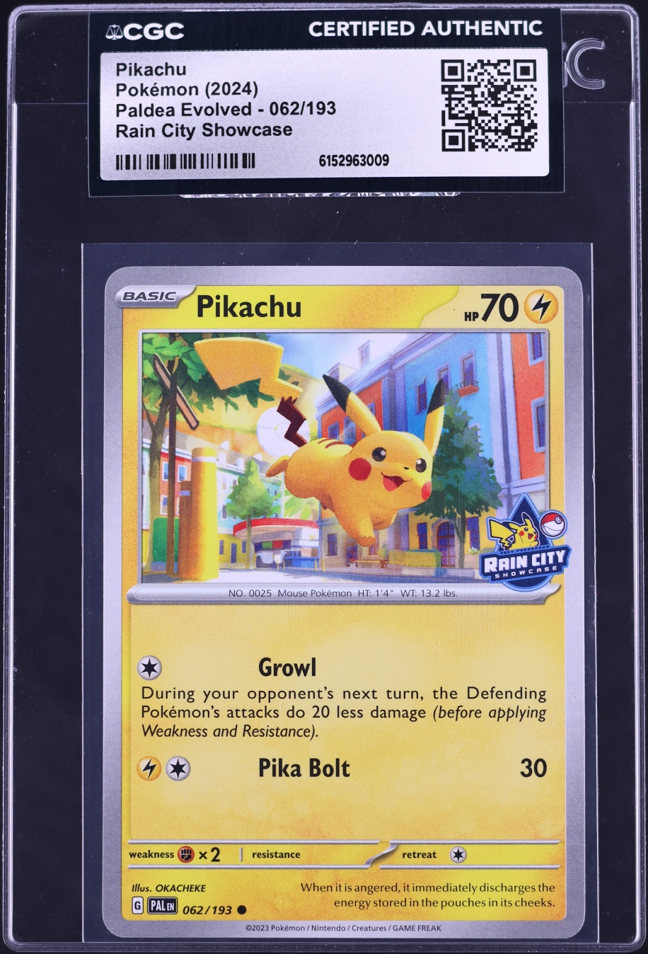 2024 Pokemon Scarlet & Violet Paldea Evolved Rain City Showcase Pikachu #62 CGC AUTH