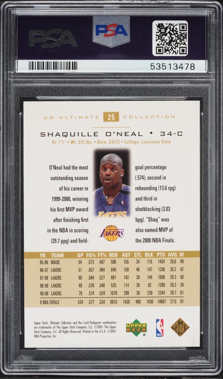 2000 Ultimate Collection Shaquille O'Neal /750 #25 PSA 9 MINT