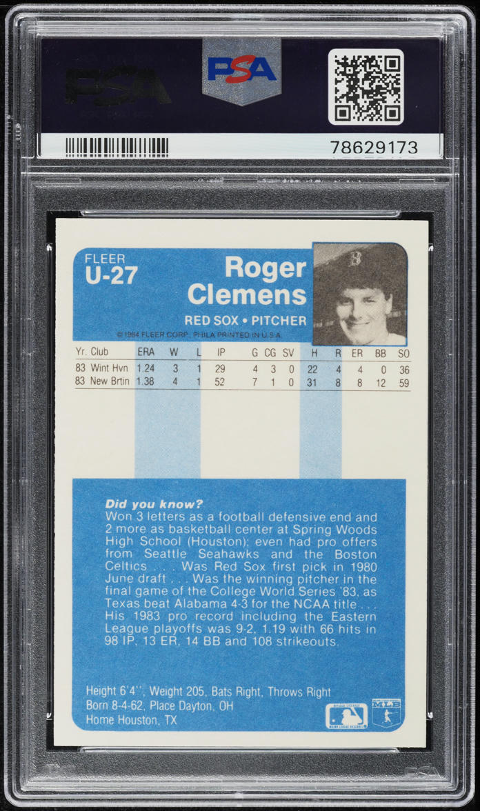 1984 Fleer Update Roger Clemens ROOKIE #27 PSA 8 NM-MT