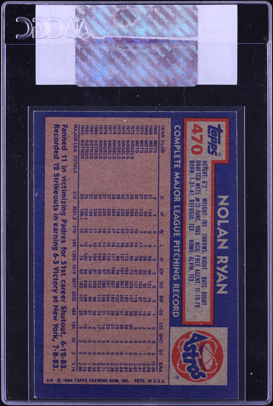 1984 Topps Nolan Ryan #470 CGC AUTH