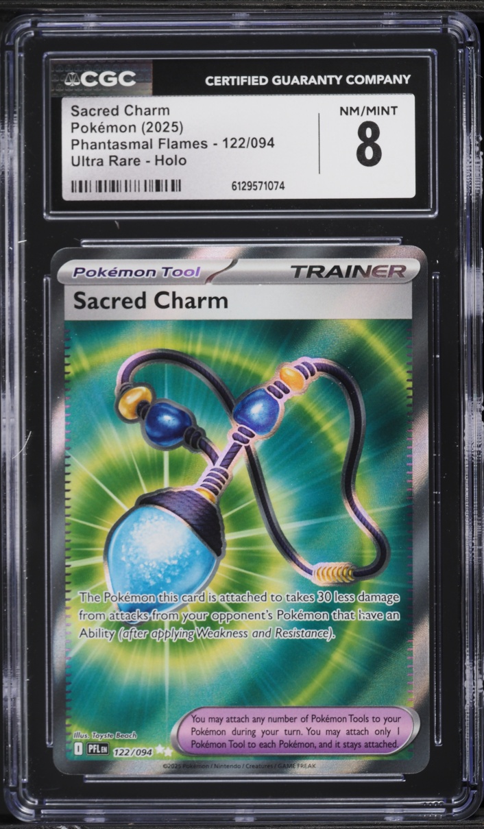 2025 Pokemon Mega Phantasmal Flames Full Art Sacred Charm #122 CGC 8 NM-MT