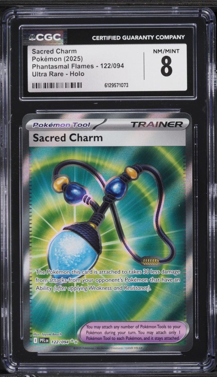 2025 Pokemon Mega Phantasmal Flames Full Art Sacred Charm #122 CGC 8 NM-MT