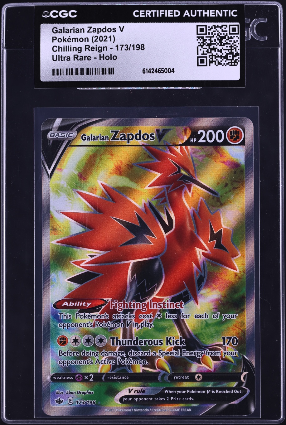 2021 Pokemon Sword & Shield Chilling Reign Full Art Galarian Zapdos V #173 CGC AUTH