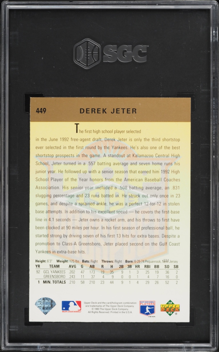 1993 Upper Deck Derek Jeter ROOKIE #449 SGC 9 MINT