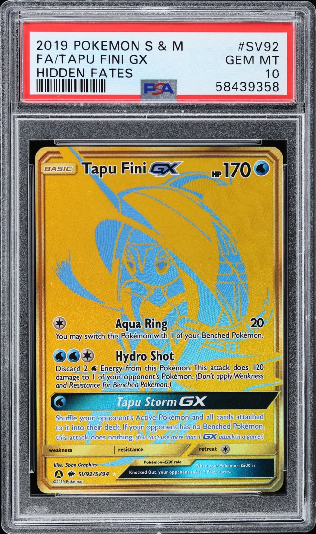 2019 Pokemon Sun & Moon Hidden Fates Tapu Fini GX #SV92 PSA 10 GEM MINT