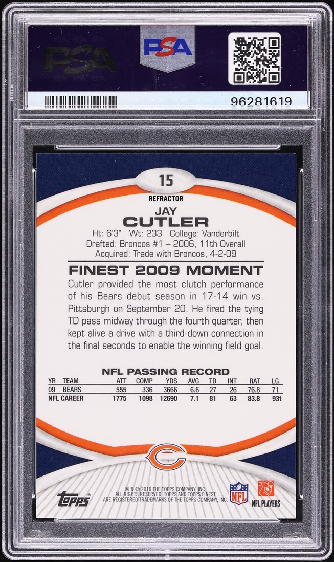 2010 Finest Mosaic Refractor Jay Cutler /10 #15 PSA 8 NM-MT - Photo 2