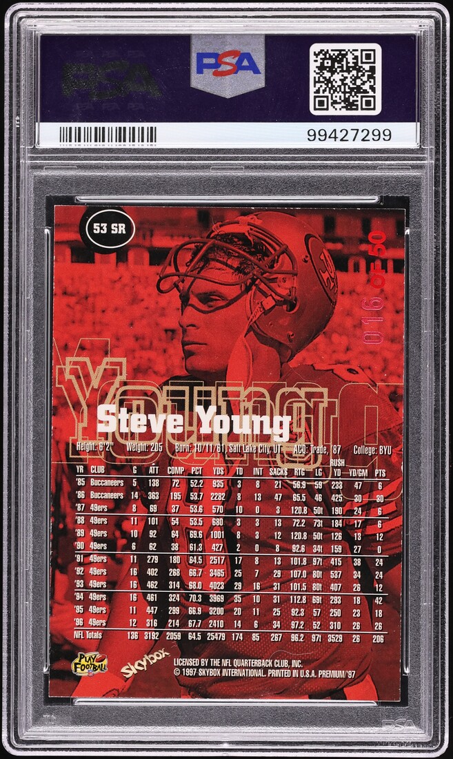 1997 Skybox Premium Rubies Steve Young /50 #53SR PSA 8 NM-MT - Photo 2