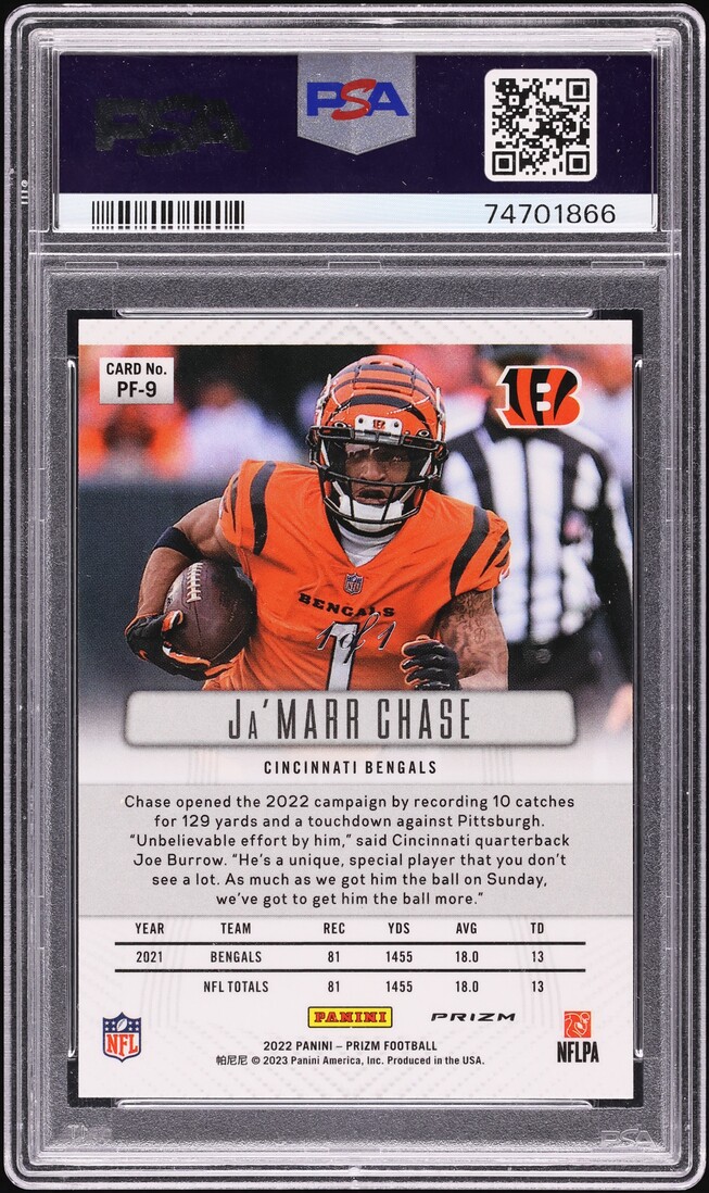 2022 Panini Prizm Flashback Black Finite Ja'Marr Chase 1/1 #PF9 PSA 9 MINT - Photo 2
