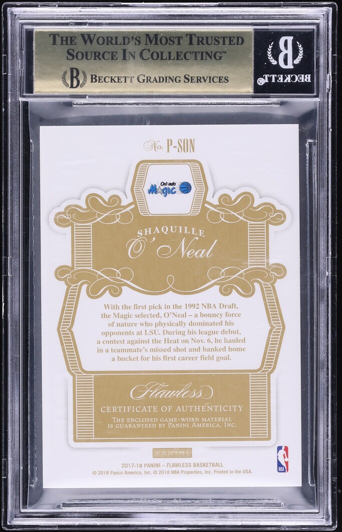 2017 Panini Flawless Gold Shaquille O'Neal PATCH /10 #P-SON BGS 9.5 GEM MINT - Photo 2