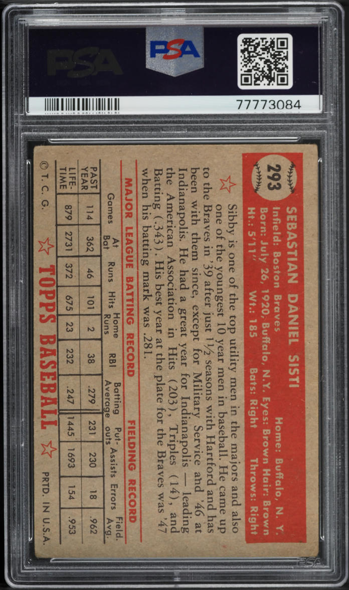1952 Topps Sibby Sisti #293 PSA 2 GD