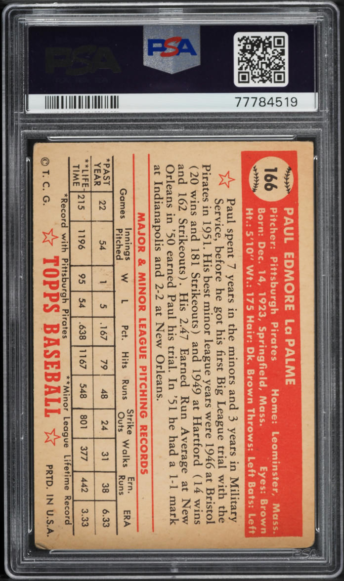 1952 Topps Paul LaPalme #166 PSA 3 VG