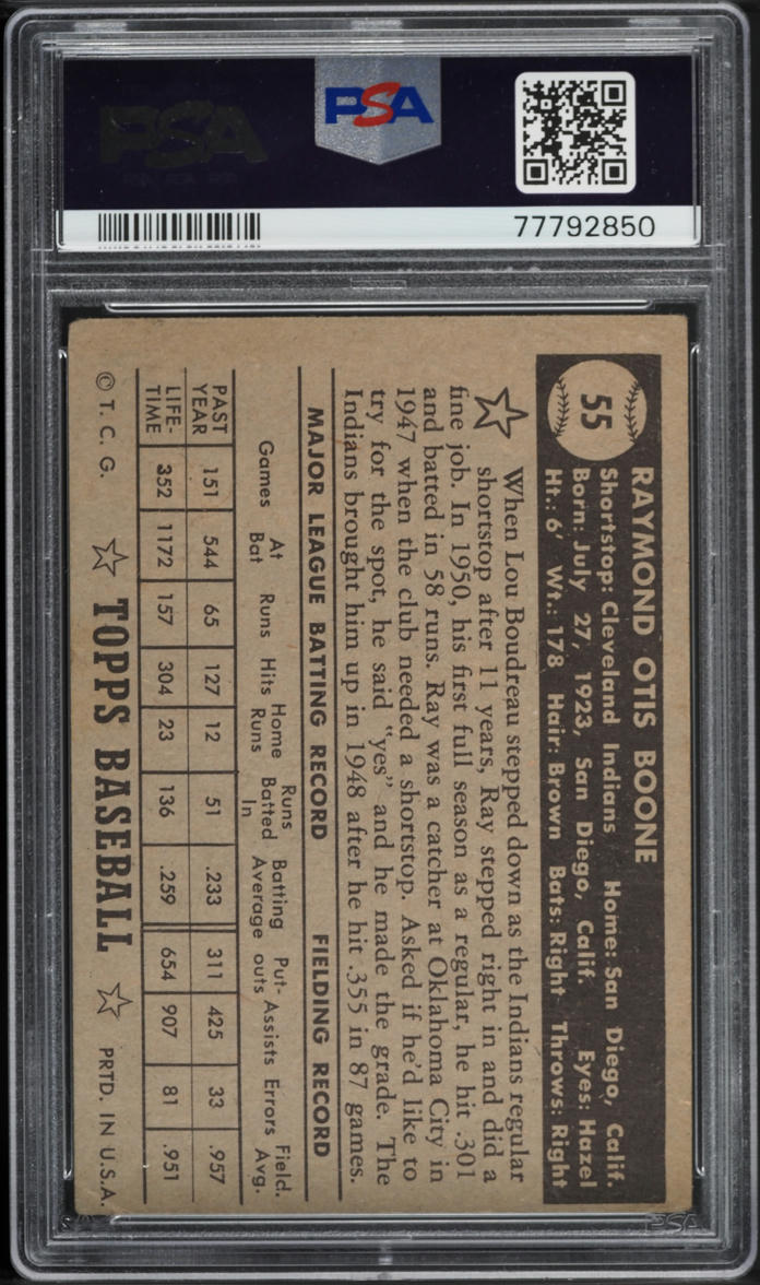 1952 Topps Ray Boone BLACK BACK #55 PSA 1.5 FR